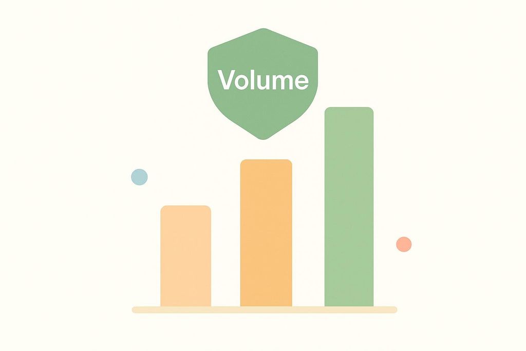 A stylized bar chart showing three increasing bars in light orange and green, with the word 'Volume' in white text on a green shield icon above the tallest bar. This visually represents volume as the primary growth driver.