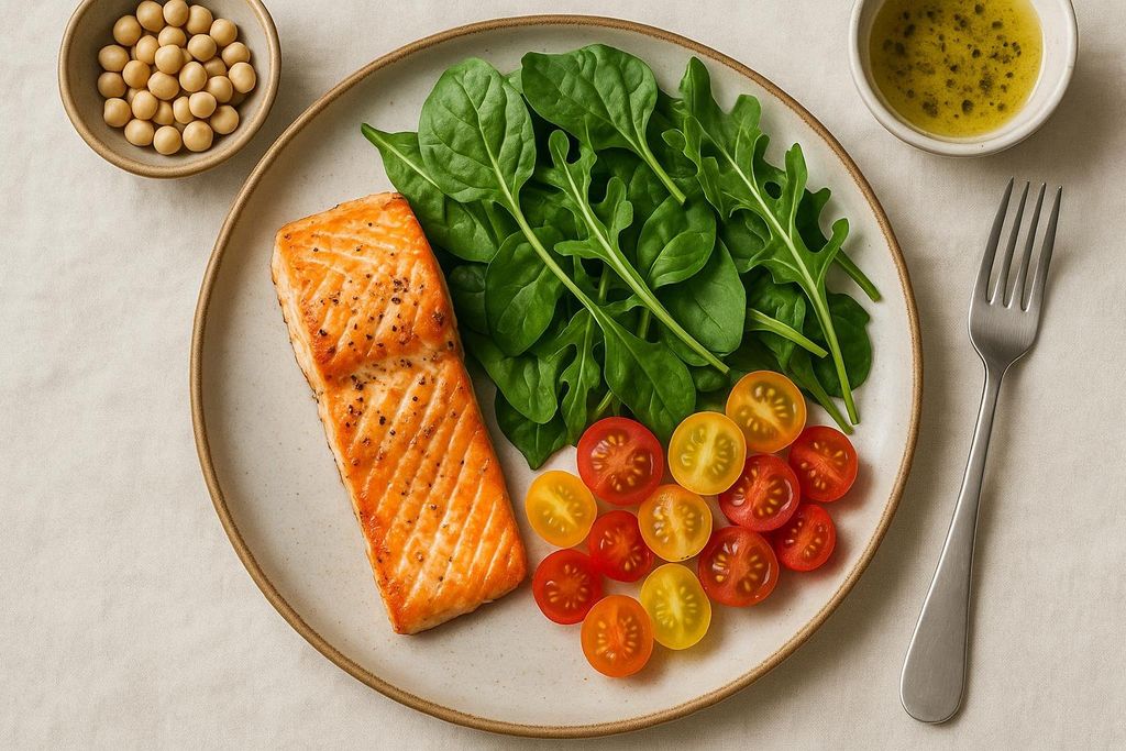 A grilled salmon fillet served with fresh spinach and arugula, halved red and yellow cherry tomatoes, and a side of vinaigrette dressing. A small bowl of macadamia nuts is also visible.