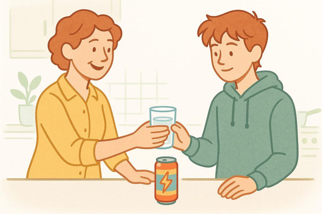 An illustration of a parent encouraging a teenager to choose water over an energy drink; the parent holds out a glass of water towards a smiling teen, with an energy drink can sitting on the table between them.