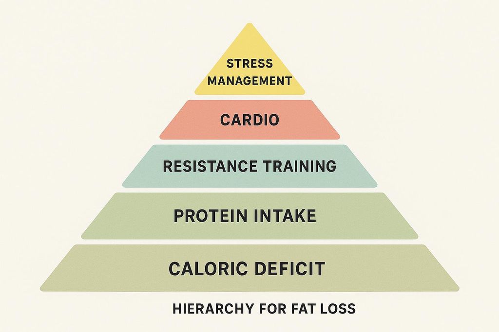 A pyramid chart titled 'Hierarchy for Fat Loss', illustrating the priorities for fat loss. From bottom to top: Caloric Deficit, Protein Intake, Resistance Training, Cardio, and Stress Management.