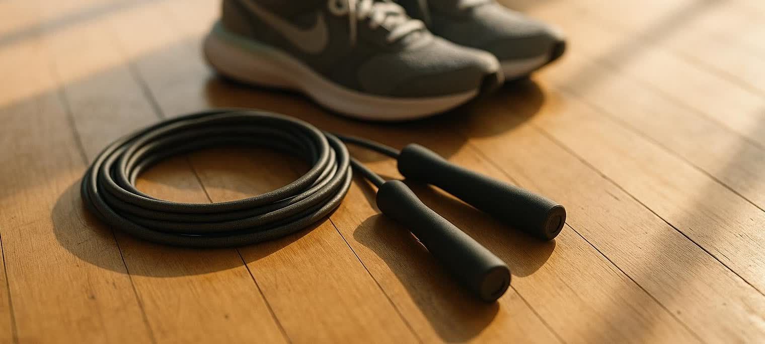 A black coiled jump rope with black handles rests on a light brown wooden floor. In the blurred background, a pair of gray Nike sneakers are visible.