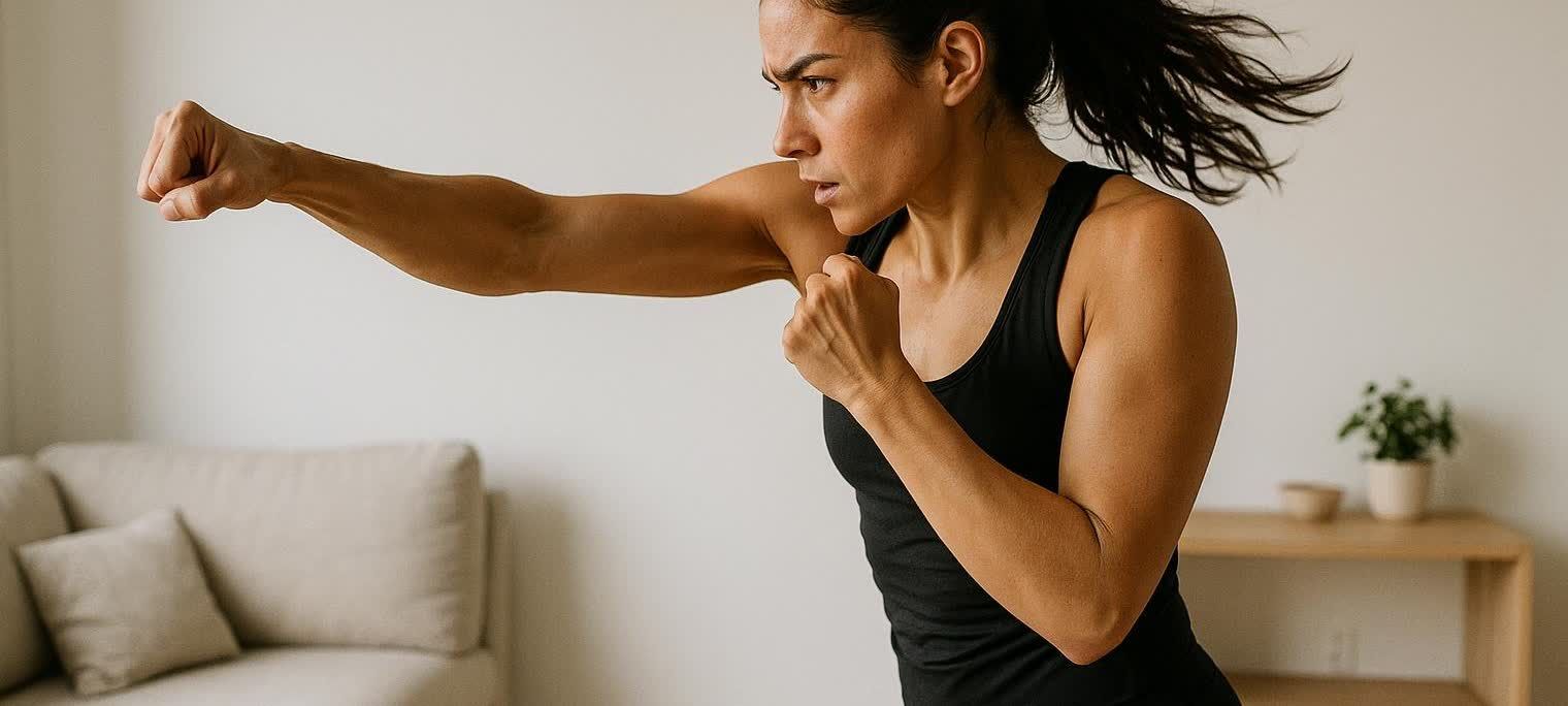 A woman with a focused expression is captured mid-punch while shadow boxing in what appears to be a minimalist apartment. She is wearing a black tank top, and her hair is pulled back, showing movement. In the blurred background, a beige couch and a small plant on a light wooden table are visible.
