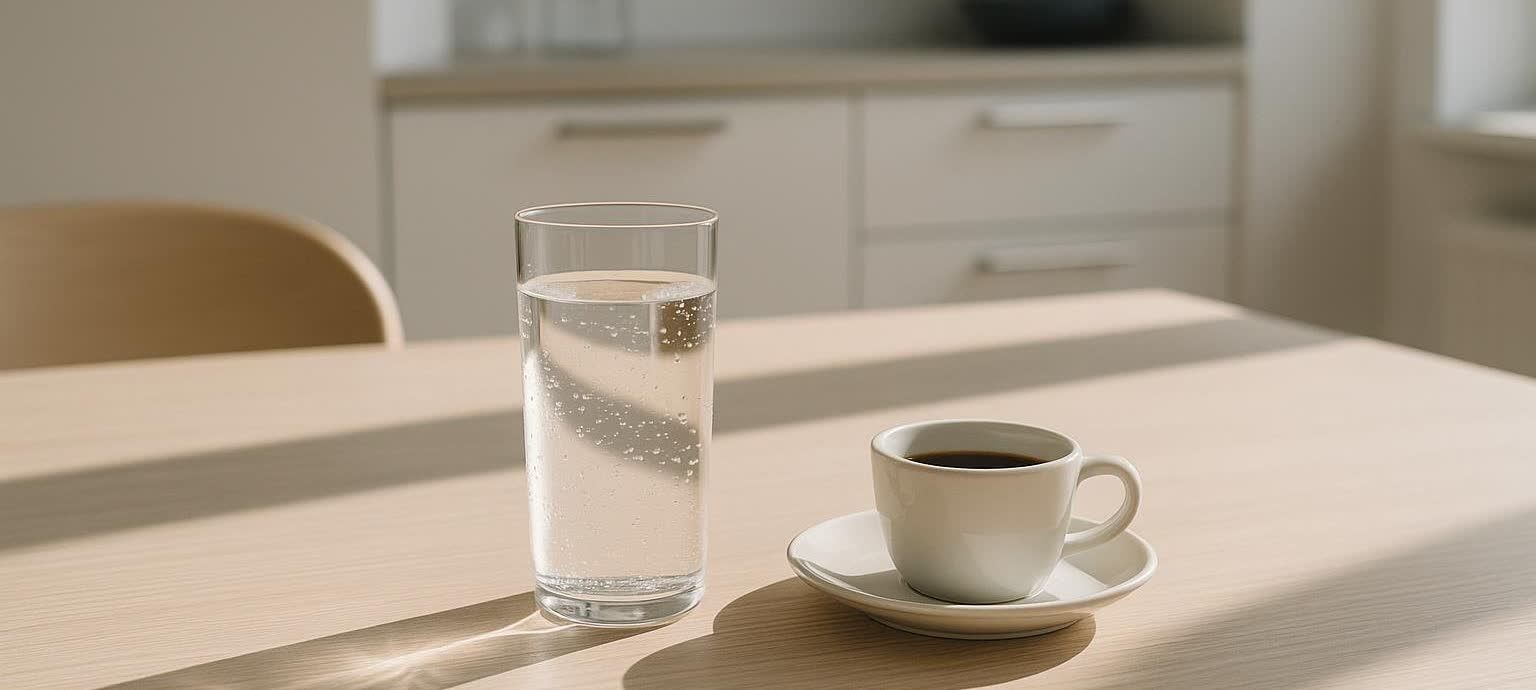 A glass of sparkling water and a cup of black coffee sit on a light wood table, illuminated by sunlight. In the background, out of focus, is a minimalist kitchen with white cabinets.