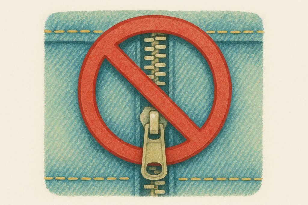 An illustration showing a metal zipper on blue denim fabric with a red circle and slash (no symbol) over it, indicating prohibition or warning.