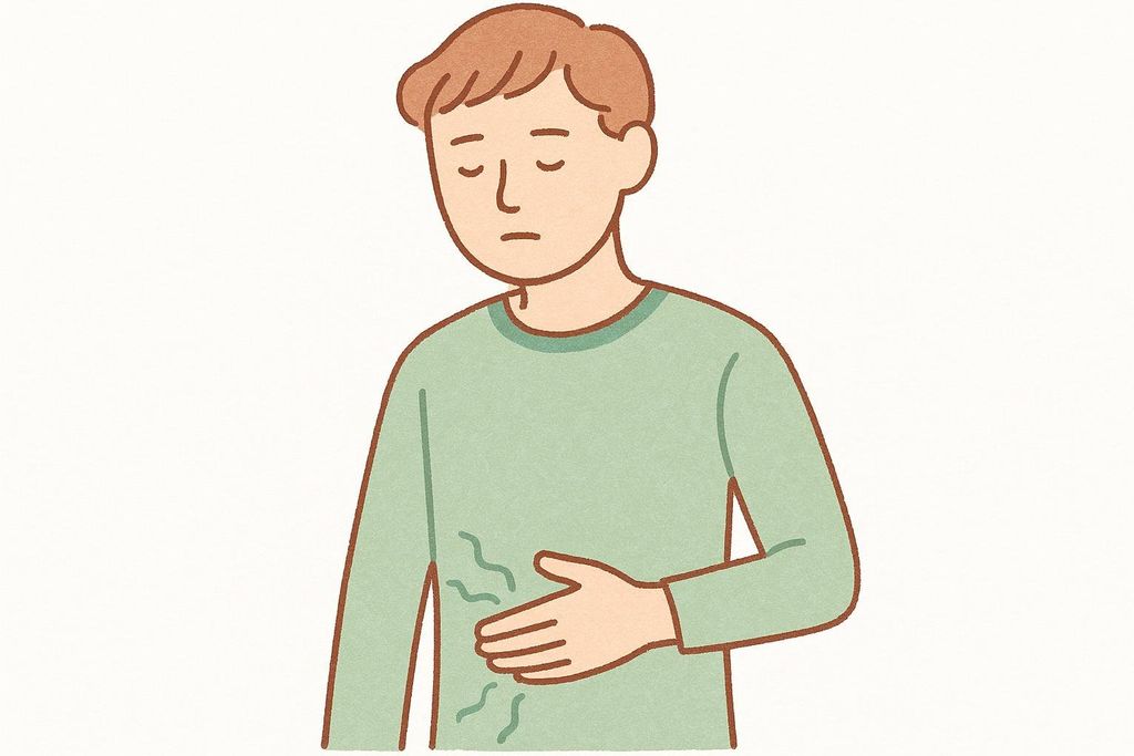Illustration of a person with their hand on their stomach, indicating nausea.