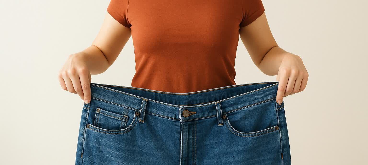 A person holding up a pair of loose jeans to show weight loss.