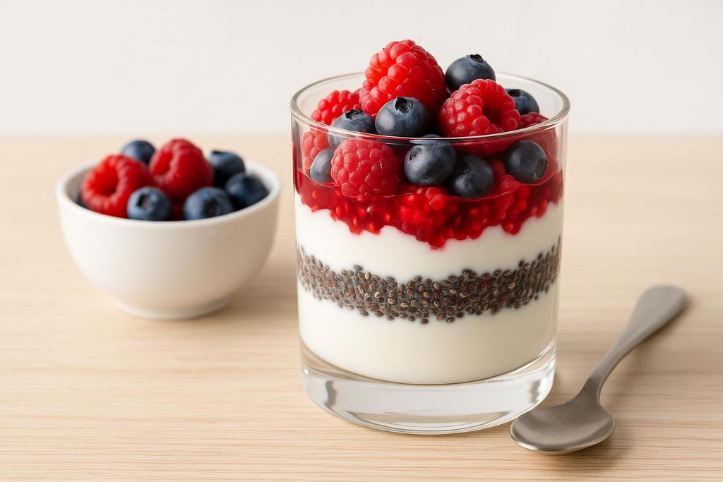 A healthy Greek yogurt parfait with layers of white yogurt, dark chia seeds, red berry compote, and topped with fresh raspberries and blueberries. A small white bowl of berries and a spoon are visible in the background.