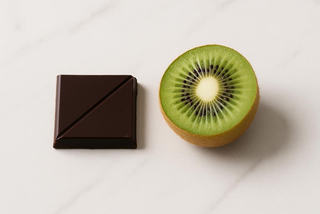 A square of dark chocolate and a halved kiwi fruit are placed side-by-side on a white marble surface, suggesting a healthy and delicious snack.