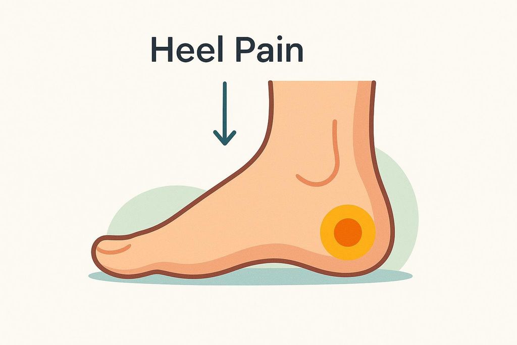 An illustration of a foot in profile with a highlighted orange circle on the heel, indicating pain. The text 'Heel Pain' is at the top with an arrow pointing down towards the heel.