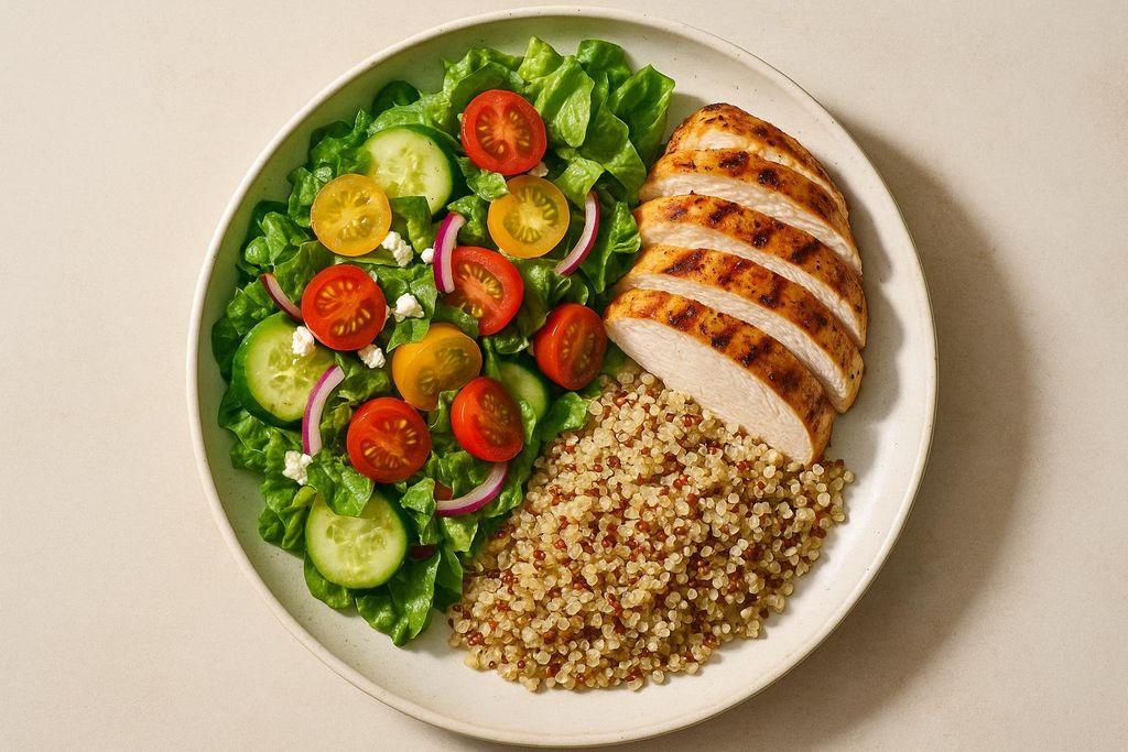 A plate of grilled, sliced chicken breast alongside a vibrant green salad with lettuce, cucumber, red and yellow cherry tomatoes, red onion, and crumbled feta cheese. A portion of quinoa is also on the plate, making for a balanced and healthy meal.