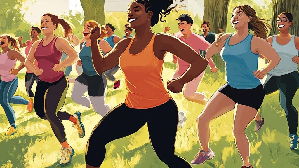 A diverse group of people smiling and running outdoors in a sunny, grassy area with trees.