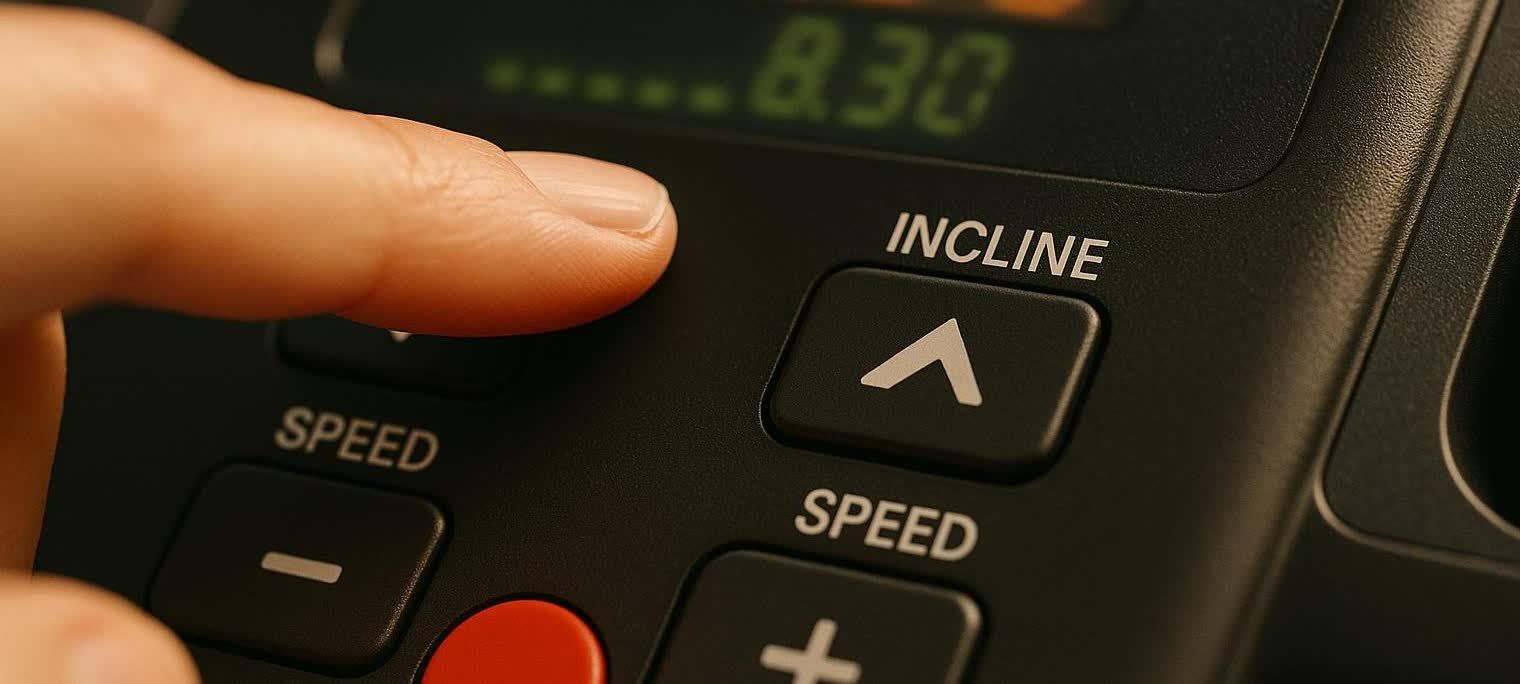Close-up of a finger about to press the incline button on a treadmill console, with the word 'INCLINE' and an upward arrow visible.