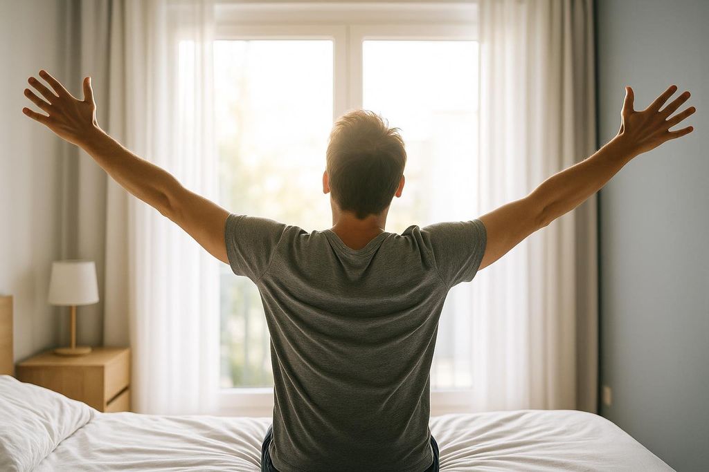 A man stretching his arms wide as he sits on a bed, facing a bright, sunny window in the morning.