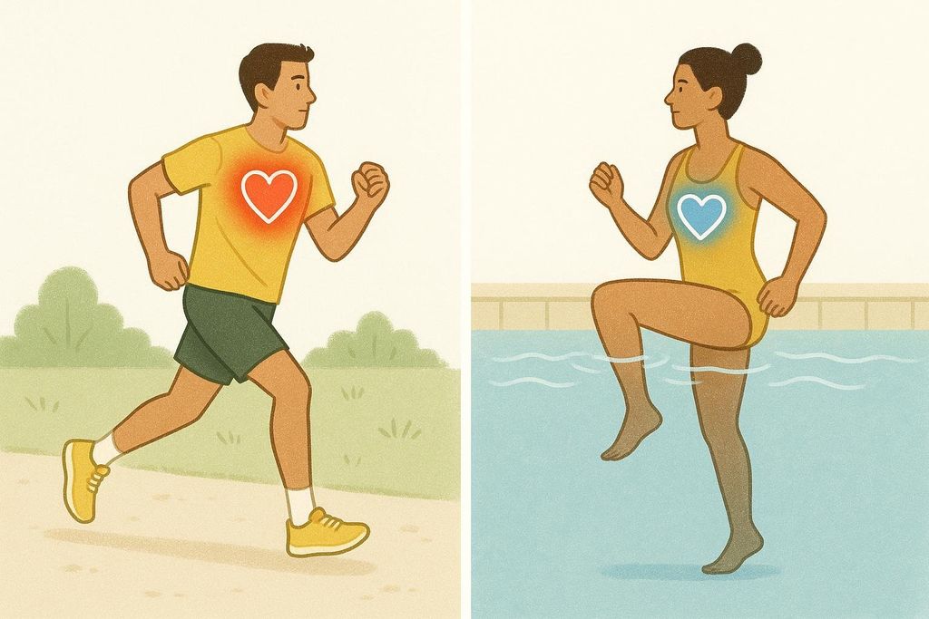 An illustration comparing the effects on heart rate of land exercise versus water exercise. On the left, a man is running on land, with a red glowing heart indicating a higher heart rate. On the right, a woman is exercising in a pool, with a blue glowing heart indicating a lower heart rate.