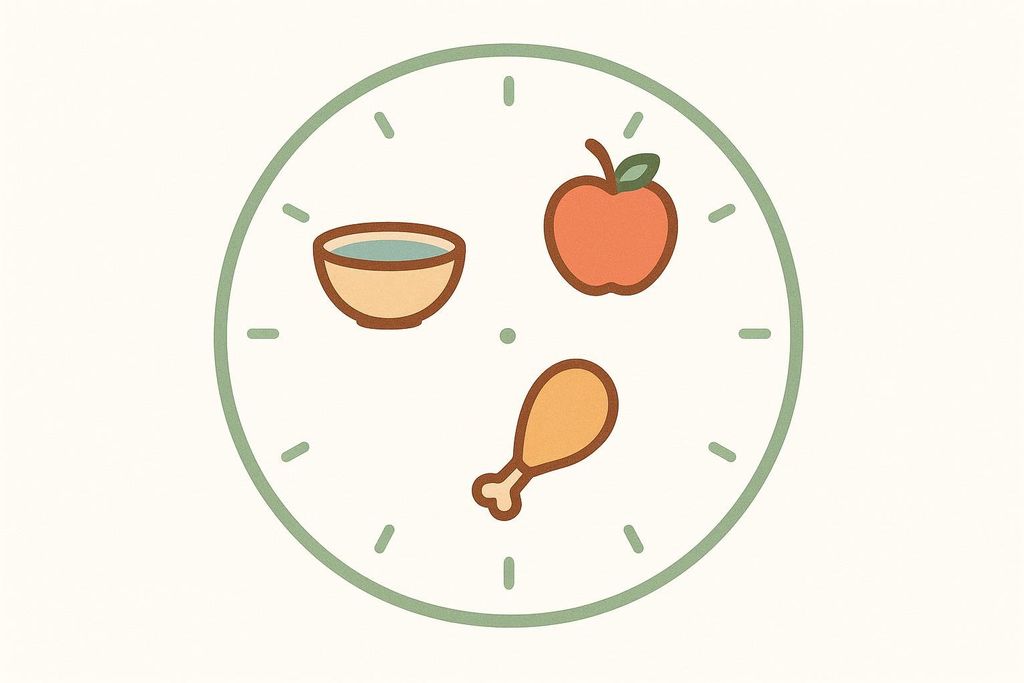 An illustration depicting a clock face with a bowl of food, an apple, and a chicken leg icon arranged at different 'hour' positions, symbolizing meal timing or meal spacing.