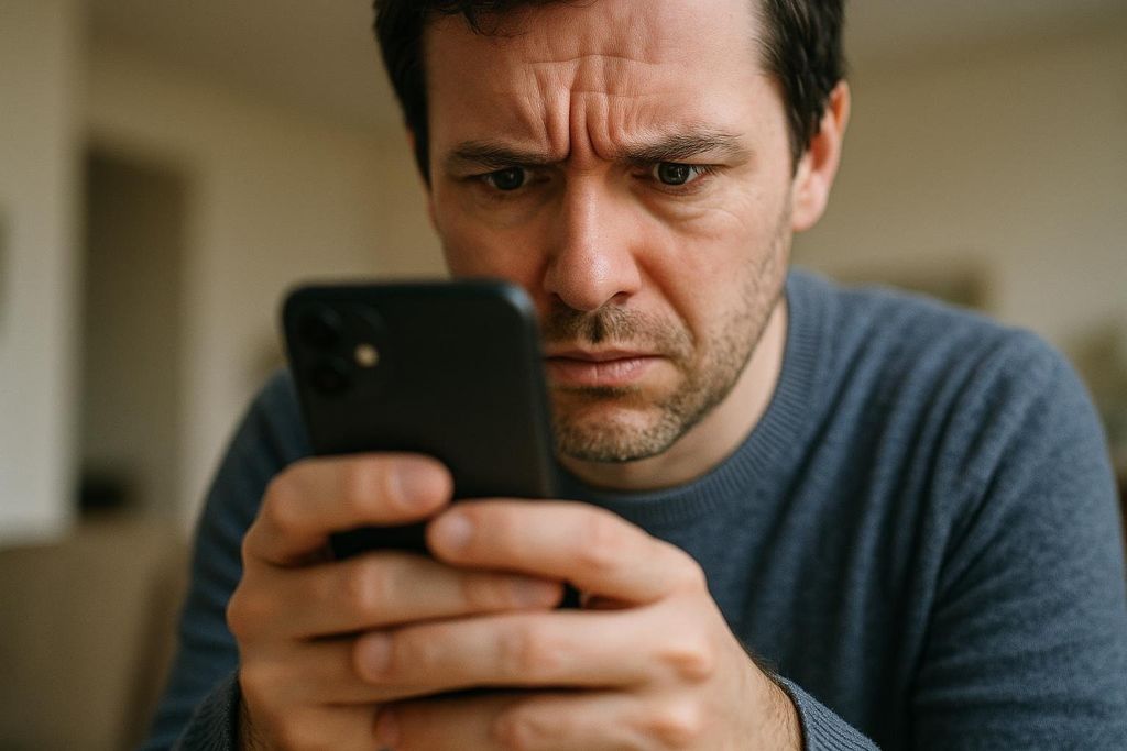 A man with a furrowed brow and worried expression stares intently at his smartphone, holding it with both hands. He appears to be experiencing anxiety or concern about what he sees on the screen.