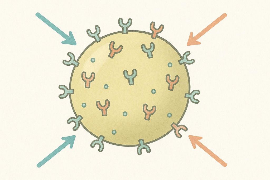 An abstract illustration of a visceral fat cell with many receptor icons, showing responsiveness to hormone icons.