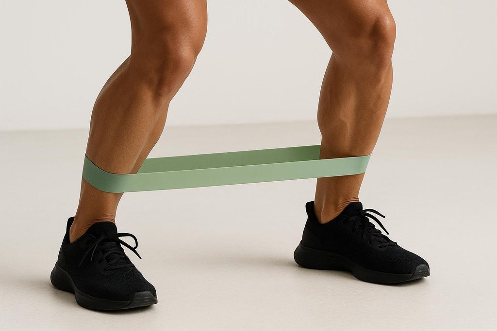 Close-up of legs demonstrating the lateral walk exercise with a light green resistance band around the ankles. The person is wearing black athletic shoes.