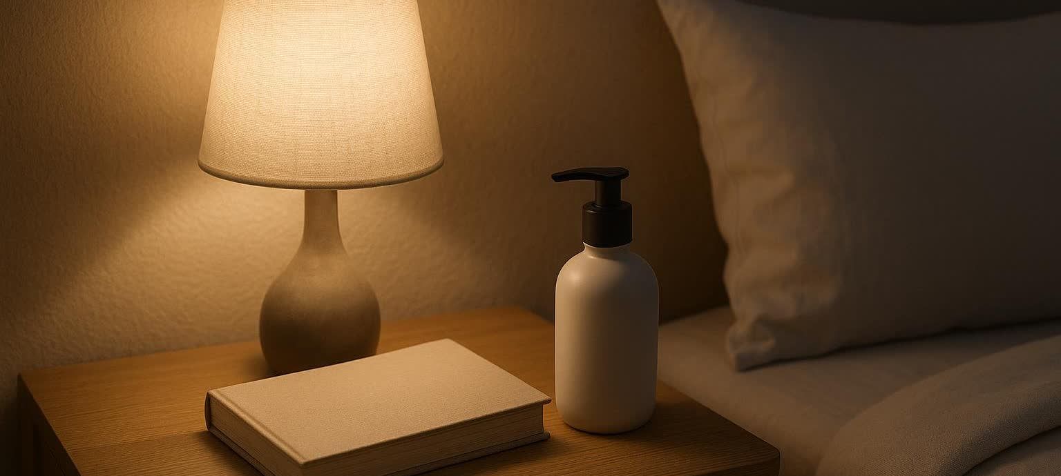 A dimly lit bedside table featuring a soft glow from a lamp, a beige book, and a white pump bottle of lotion, creating a serene and cozy atmosphere for relaxation before sleep.