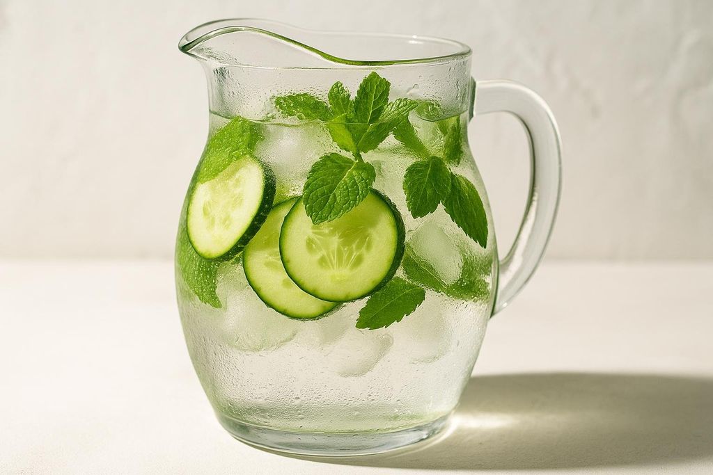 A clear glass pitcher filled with ice, sliced cucumbers, and fresh mint leaves, creating a refreshing infused water. Condensation covers the outside of the cold pitcher.
