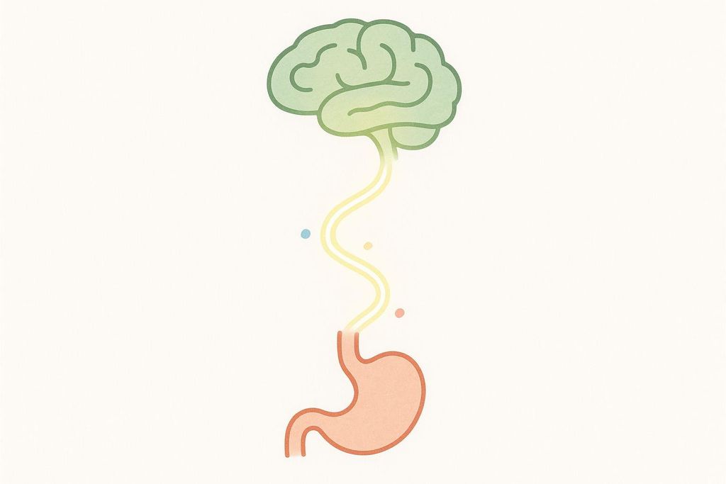 A minimalist illustration of the gut-brain axis, showing a green brain at the top connected by a wavy, yellow-to-orange gradient line to a peach-colored stomach at the bottom. Small colored dots float along the connecting line, representing hormonal communication.