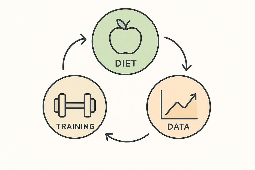 A diagram showing a cycle with icons for diet, training, and data, illustrating their interconnectedness for fitness.