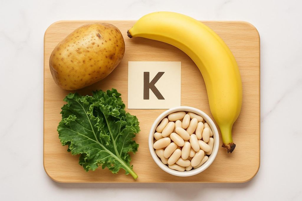 An overhead shot of potassium-rich foods on a wooden board. A whole potato, a banana, a pile of kale, and a bowl of white beans are arranged around a card with the letter 'K' printed on it.
