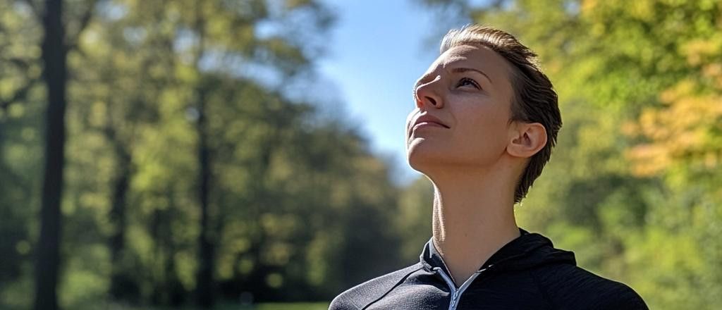 A woman with short hair looks up towards the sky in sunlight, with trees in the background.