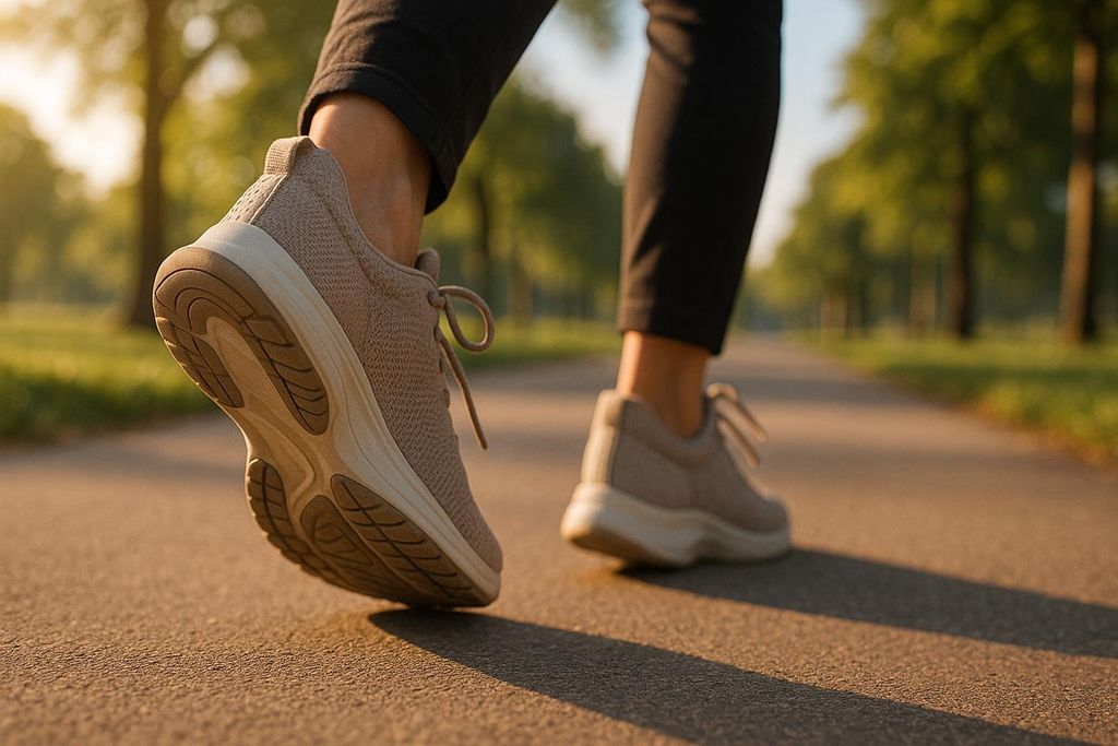 Low-angle photo of a person's feet in walking shoes taking steps on a shaded path surrounded by trees and sunlight.