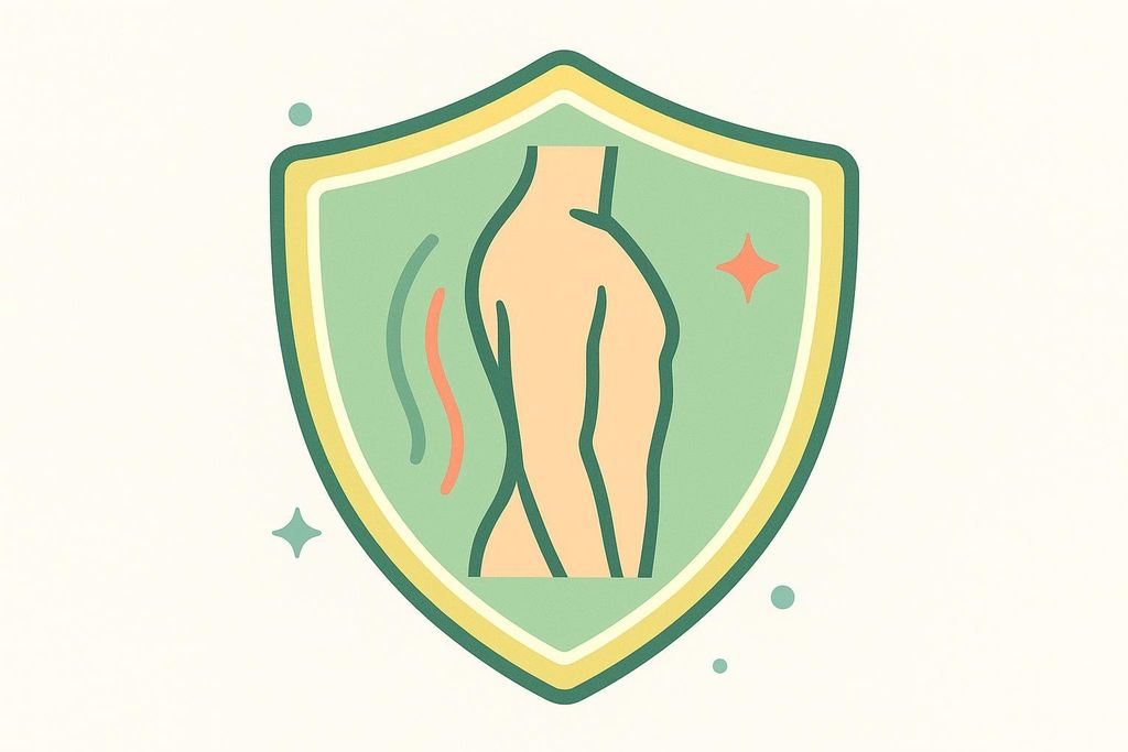 An illustration of a shield in green and yellow, containing a stylized human torso with an orange wavy line and a red star-like sparkle, symbolizing core protection and stability.