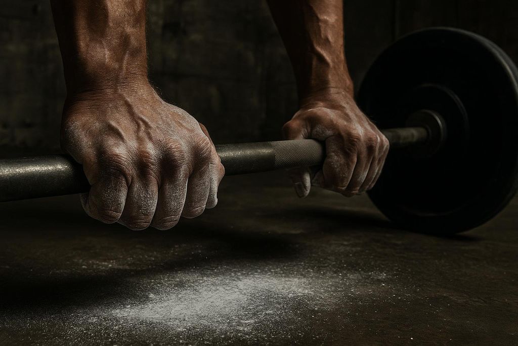 Close-up of a person's chalk-dusted hands gripping a heavy barbell, ready for a lift, with a dark background and chalk dust scattered on the floor.