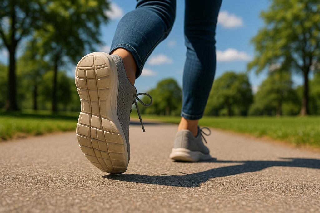Low angle shot of person's feet in gray walking shoes walking on a paved path in a park.
