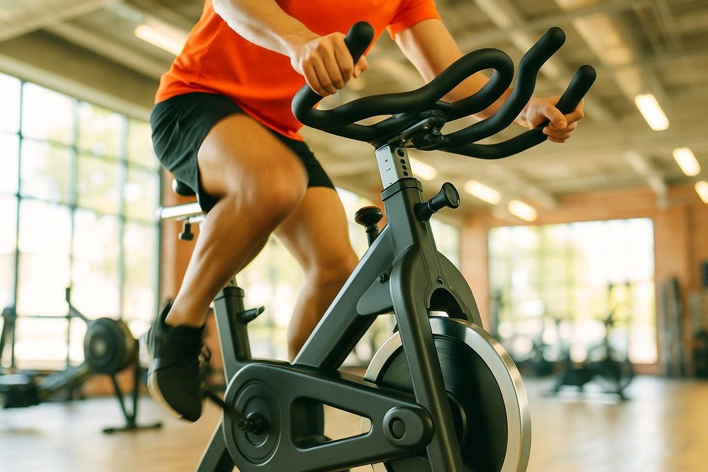 A person's legs pedal quickly on a stationary bike, representing cardio exercise for fat loss.