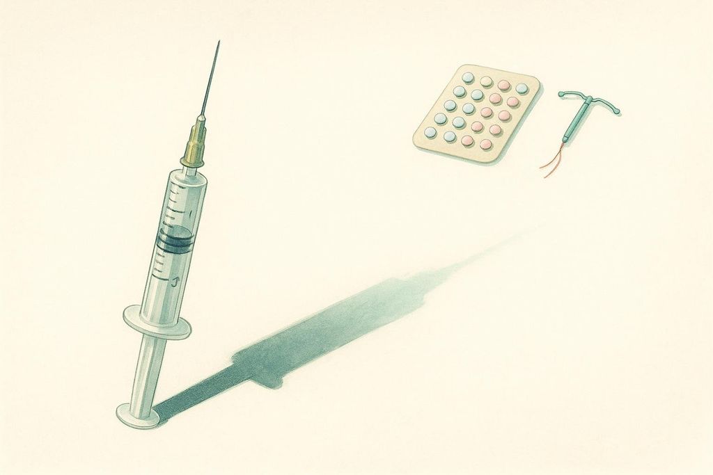 An illustration of three types of contraceptives: a syringe with a long shadow indicating it's the focus, a blister pack of birth control pills, and an IUD. The syringe's shadow extends towards the bottom right, suggesting its prominence.