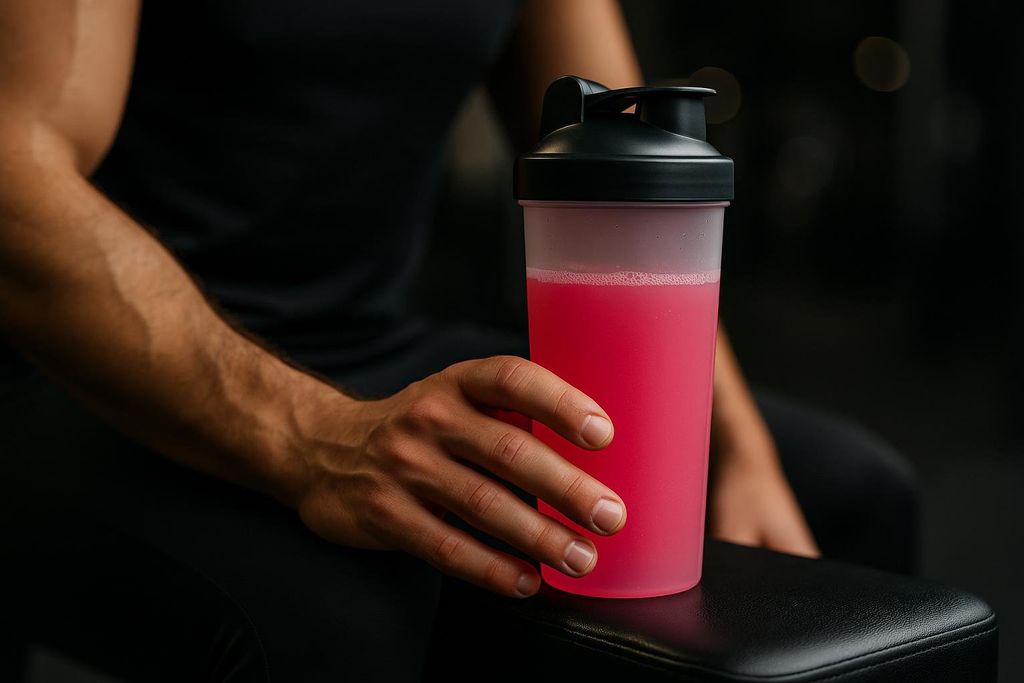 Close-up of a person, likely an athlete, holding a clear shaker bottle filled with a vibrant pink protein drink. The person's arm and hand show visible veins, suggesting physical exertion or musculature.