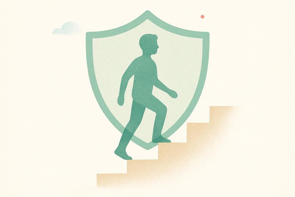 An illustration of a green silhouette of a person protected by a large green shield, walking up light brown stairs. A small red dot and a cloud are in the background, symbolizing dose escalation shielding against side effects.