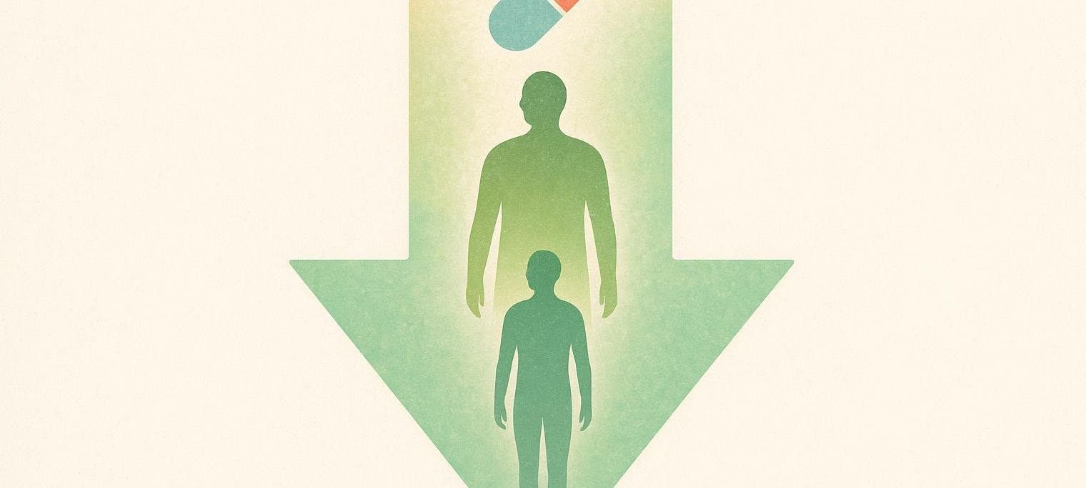 Abstract illustration depicting a downward green arrow. Inside the arrow, a larger, lighter green silhouette of a person shrinks to a smaller, darker green silhouette. A small, blue and red pill is positioned at the top of the arrow, suggesting it initiates the transformation.
