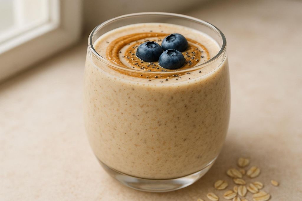 A creamy beige oat drink in a clear glass, topped with a swirl of nut butter, three blueberries, and sprinkled chia seeds. Scattered oats are visible on the surface beside the glass.