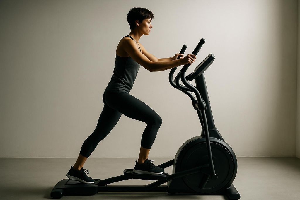 A young woman with short dark hair in athletic wear uses a black elliptical machine, demonstrating a cardio workout. She is focused, holding the moving handles, with her body angled to the left as if in motion.