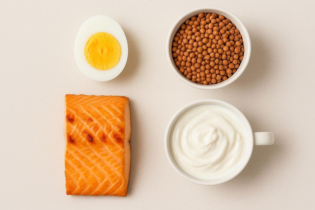 A flat-lay image displays four protein-rich food items on a light background. These include a halved hard-boiled egg, a cooked salmon fillet, a bowl of brown lentils or chickpeas, and a cup of plain Greek yogurt.
