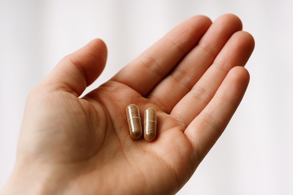 A close-up view of an open hand holding two translucent brown capsules filled with powdered supplement against a plain, light background.