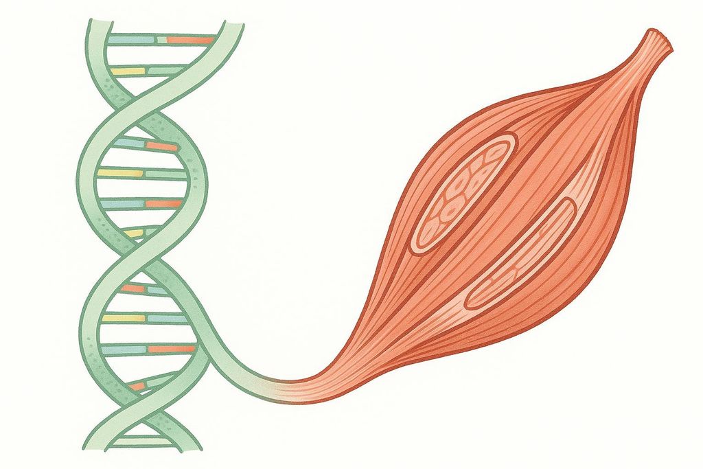 A stylized illustration showing a green DNA double helix on the left, transitioning into a peach-colored muscle fiber on the right, symbolizing the connection between genetics and muscle development.