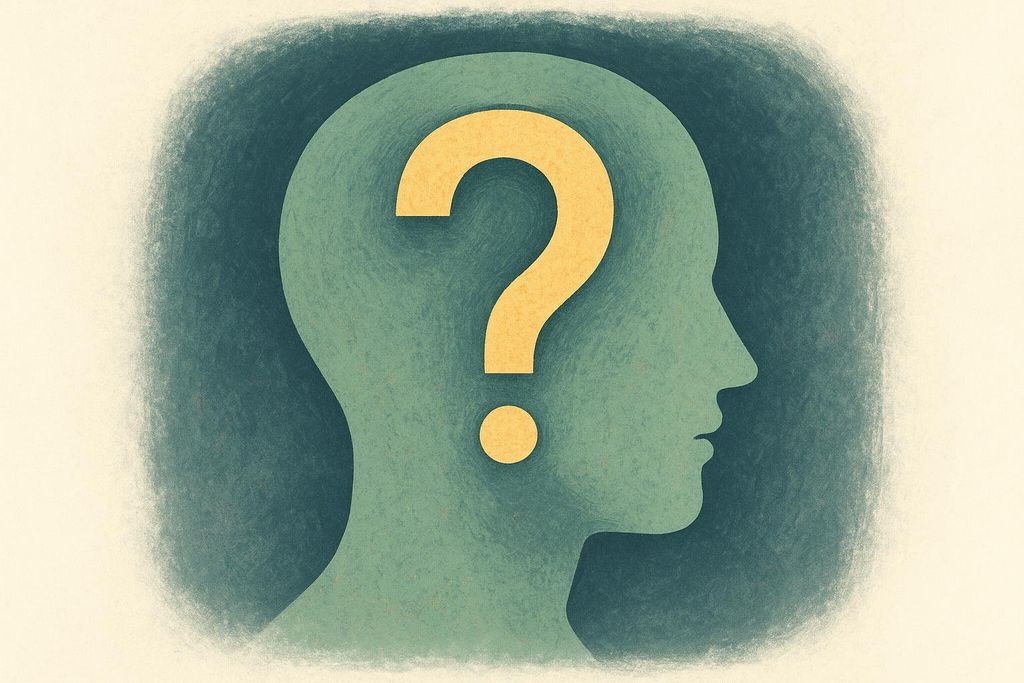 Illustration of a green head silhouette seen in profile with a large yellow question mark inside, signifying uncertainty or a question in the mind.