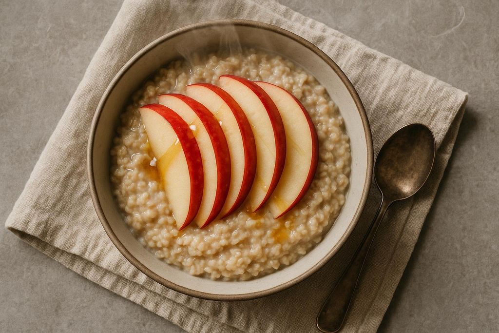 A close-up, top-down shot of a bowl of hot oatmeal topped with five slices of red apple and a drizzle of honey, resting on a beige linen napkin next to a bronze spoon.