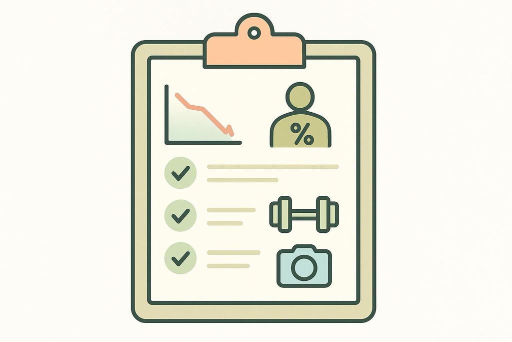 An illustration of a clipboard displaying fitness tracking icons: a downward trend graph for weight, an icon representing body fat percentage, a dumbbell for strength training, and a camera icon for progress photos. There are also three checkmarks indicating completion.