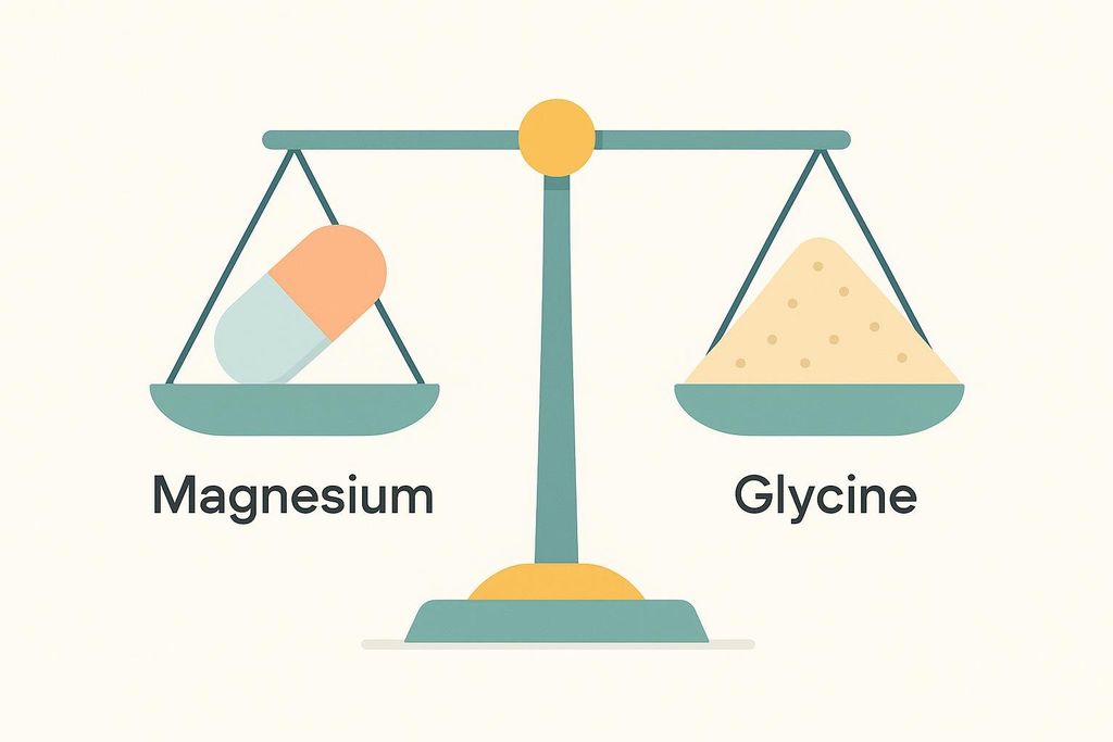 An illustration of a balanced scale comparing Magnesium and Glycine. On the left side is a capsule representing Magnesium, and on the right is a pile of powder representing Glycine, indicating equal weight or importance.