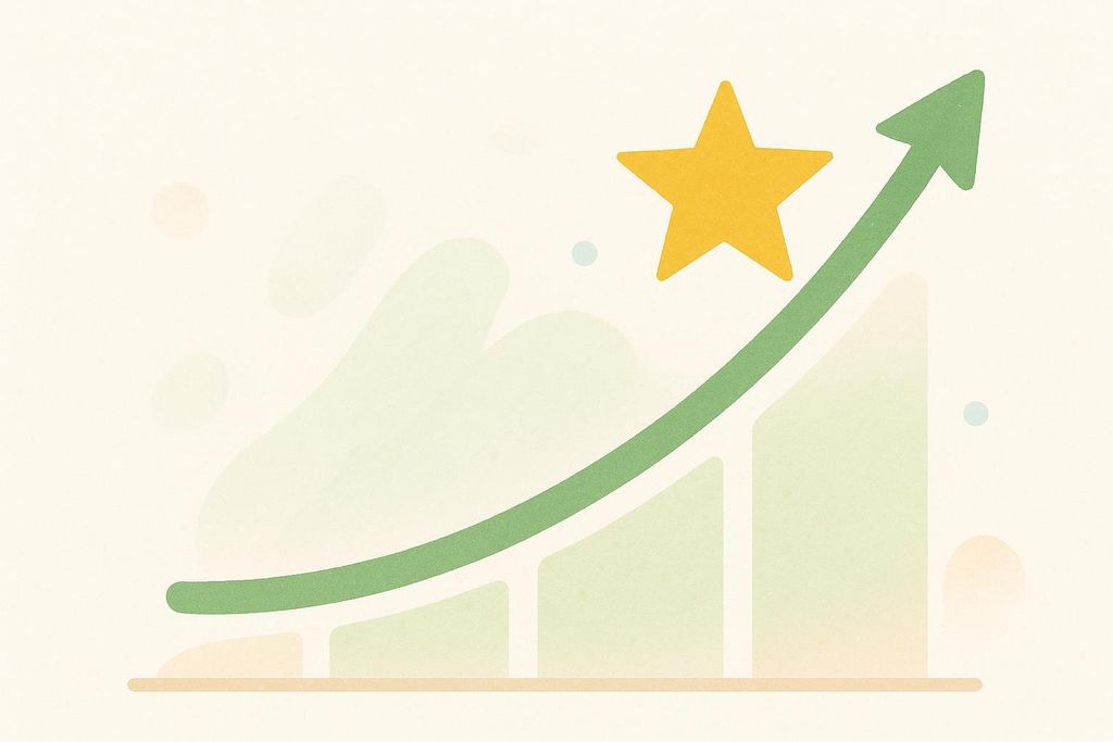 An illustration depicting an upward-trending green arrow line graph over light green bar charts, culminating in a yellow star, against a light cream background with subtle pastel shapes. It symbolizes success or achievement.