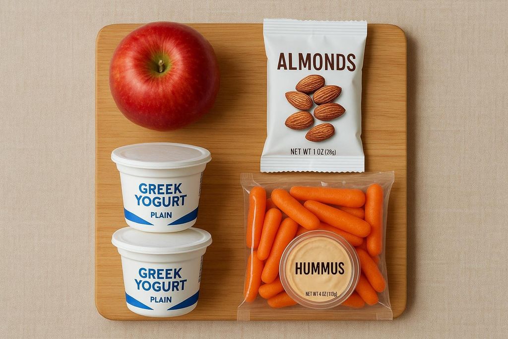 A flat lay image of healthy snacks on a wooden cutting board, including a red apple, two containers of plain Greek yogurt, a bag of almonds, and a bag of baby carrots with a side of hummus.