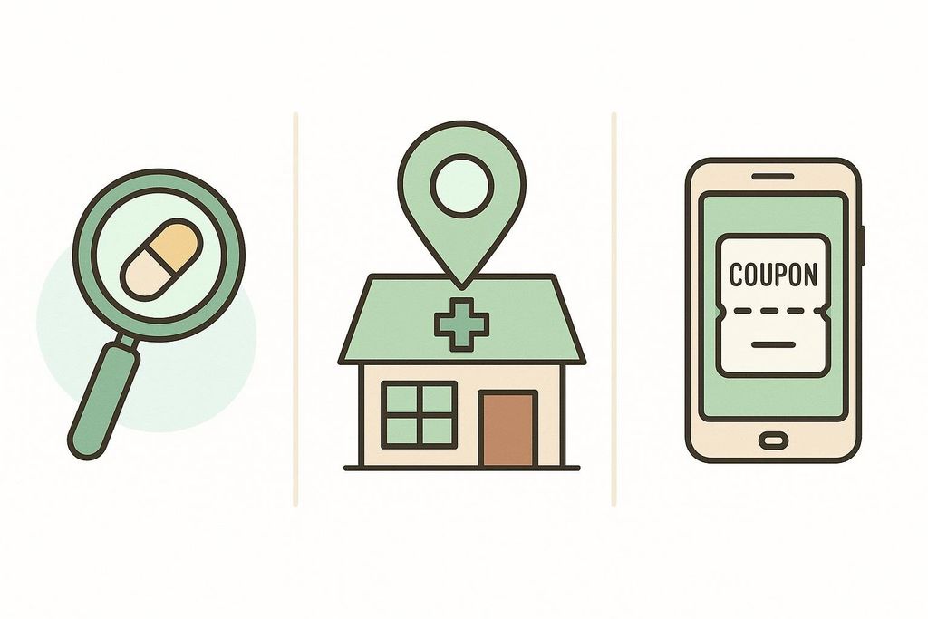 An infographic showing the three steps for using GoodRx. It features three icons: a magnifying glass over a pill for 'search for a medication', a pharmacy building with a map pin for 'choose a pharmacy', and a smartphone displaying a coupon for 'show the coupon'.
