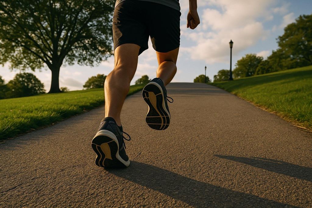 A low-angle shot from behind of a person jogging up a paved hill with green grass and trees on either side under a partly cloudy sky. The person's legs, wearing shorts and dark running shoes, are prominent, with one foot mid-stride.